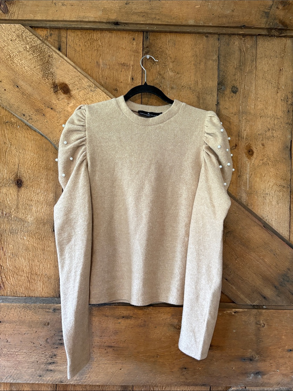 Pomander Place Pearl Embellished Puff Sleeve Sweater Beige Cream Medium